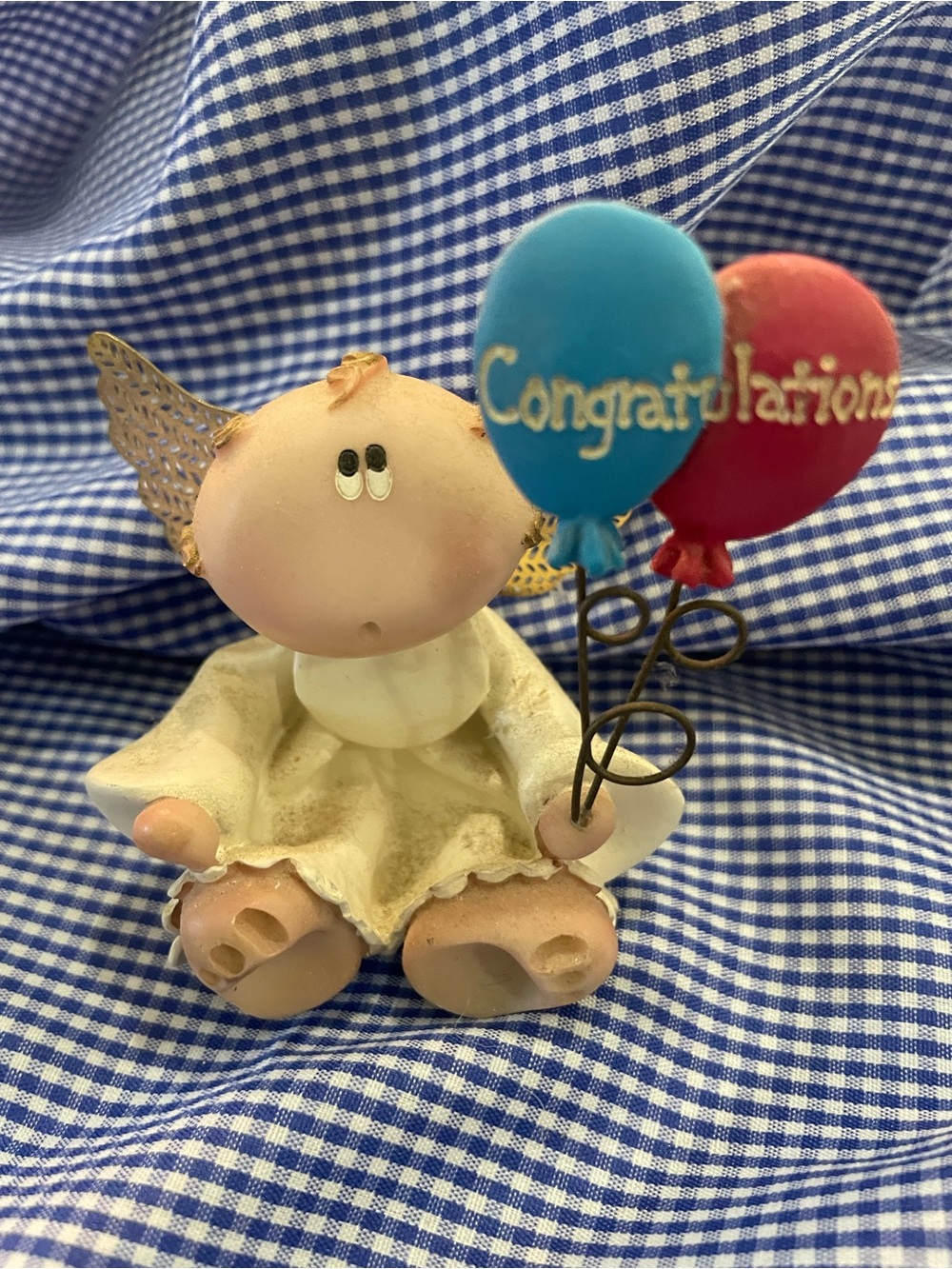 Angel Cheeks Figurine with Blue and Red 'Congratulations' Balloons